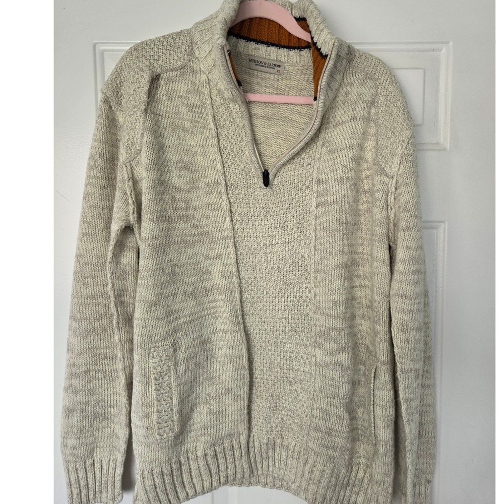 Hudson & Barrow Mens XL Quarter Zip Sweater Oatmeal Marl Elbow Patches Mock Neck
